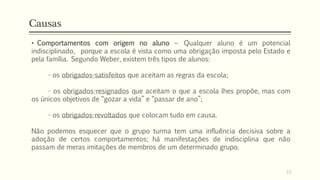 • Comportamentos com origem no aluno – Qualquer aluno é um potencial
indisciplinado, porque a escola é vista como uma obrigação imposta pelo Estado e
pela família. Segundo Weber, existem três tipos de alunos:
- os obrigados-satisfeitos que aceitam as regras da escola;
- os obrigados-resignados que aceitam o que a escola lhes propõe, mas com
os únicos objetivos de “gozar a vida” e “passar de ano”;
- os obrigados-revoltados que colocam tudo em causa.
Não podemos esquecer que o grupo turma tem uma influência decisiva sobre a
adoção de certos comportamentos; há manifestações de indisciplina que não
passam de meras imitações de membros de um determinado grupo.
Causas
13
 