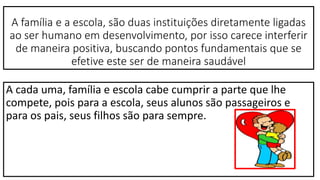 A família e a escola, são duas instituições diretamente ligadas
ao ser humano em desenvolvimento, por isso carece interferir
de maneira positiva, buscando pontos fundamentais que se
efetive este ser de maneira saudável
A cada uma, família e escola cabe cumprir a parte que lhe
compete, pois para a escola, seus alunos são passageiros e
para os pais, seus filhos são para sempre.
 
