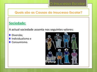 O Insucesso Escolar:




Sociedade:
A actual sociedade assenta nos seguintes valores:
  Diversão;
  Individualismo e
  Consumismo.
 