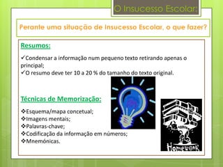 O Insucesso Escolar:



Resumos:
Condensar a informação num pequeno texto retirando apenas o
principal;
O resumo deve ter 10 a 20 % do tamanho do texto original.



Técnicas de Memorização:
Esquema/mapa concetual;
Imagens mentais;
Palavras-chave;
Codificação da informação em números;
Mnemónicas.
 