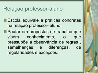 Relação professor-aluno

 Escola equivale a praticas concretas
 na relação professor- aluno.
 Pautar em propostas de trabalho que
 visem     conhecimento,      o  que
 pressupõe a observância de regras ,
 semelhanças e diferenças, de
 regularidades e exceções.
 
