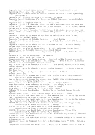 Jaypee–s Donald School Video Atlas of Ultrasound in Fetal Anomalies and
Gynecologic Oncology. Sanja Kupesic
Jaypee–s Donald School Video Atlas Of Ultrasound in Obstetrics and Gynecology.
Sanja Kupesic
Jaypee–s English-Hindi Dictionary For Nurses. UN Panda
Jaypee–s Nurses– Dictionary (For Nurses and Allied Healthcare Professionals).
UN Panda
Jaypee–s Nursing Drugbook 2014–2015. Pankaj Hans
Jaypee–s Triple-A : A Treatise for NEET-Volume 1 (Includes Questions from All
India, AIIms, All states and latest NEET & DNB pattern). Sakshi Arora, Taruna
Mehra, Apurba Sankar Sastry
Jaypee–s Triple-A : A Treatise for NEET-Volume 2 (Includes Questions from All
India, AIIMS, All states and latest NEET & DNB pattern). Sakshi Arora, Taruna
Mehra
Jaypee–s Video Atlas of Assisted Reproductive Technologies and Clinical
Embryology. Col Pankaj Talwar
Jaypee–s Video Atlas of Bedside Cardiology. Atul Luthra
Jaypee–s Video Atlas of Laparoscopic Surgery (3 Vol. Set) with 36 DVD-Roms. RK
Mishra
Jaypee–s Video Atlas of Phaco Instruction Course on DVD. Albrecht Hennig,
Sanjay Kumar Singh, Lila Raj Puri
Jeffcoate–s Principles of Gynaecology. Narendra Malhotra, Pratap Kumar,
Jaideep Malhotra, Neharika Malhotra Bora, Parul Mittal
JIPMER 20 Authors. Abirami, J Magendran, Rajamahendran R, Antan Uresh Kumar
T
Kadasne–s Textbook of Embryology. DK Kadasne
Kerala PGI Dental Edge. Manikandan GR
Keratoconus Surgery and Cross-Linking. Roberto Pinelli, Antonio Leccisotti
Key Clinical Topics in Obstetrics & Gynaecology. Emma J Crosbie, Alexander
Heazell, Andrew Pickersgill, Richard J Slade
Key Clinical Topics in Paediatric Surgery. Max Pachl, Michael N de la Hunt,
Girish Jawaheer
Key Clinical Topics in Plastic & Reconstructive Surgery. Tor Wo Chiu BMBCh,
Tze Yean Kong
Key Clinical Topics in Sports and Exercise Medicine. A Ali Narvani, Panos
Thomas, Bruce Lynn
Key to Success Staff Nurses Recruitment Exam (5,000+ MCQs with Explanation).
Abha Narwal, Honey Gangadharan
Key to Success Staff Nurses Recruitment Exam (7,000+ MCQs with Explanations).
Abha Narwal, Honey Gangadharan
Kidney and Pancreas Transplantation. Ernesto Pompeo Molmenti
Knee Replacement (With Interactive DVD-Rom). SKS Marya, R Thukral
Knee Surgery (with Interactive DVD Rom). Ashok Rajgopal
Know Your Child - A Handbook for Parents. Shanti Ghosh
Kolkata PG Entrance Examination. Sandeep Gupta, Prashant Gupta, Shraddha
Agarwal
Kolkata PGMEE Buster. Parvind Kumar Singh, Raja Pramanik , Vikas
KONCPT 20 Authors for Tamil Nadu PG Entrance Examination (2001 to 2013): Volume
-1. Rajamahendran R, Antan Uresh Kumar T, J Madhan
KONCPT 20 Authors for Tamil Nadu PG Entrance Examination (2001 to 2013): Volume
-2. Rajamahendran R, Antan Uresh Kumar T, J Madhan
KONCPT 20 Authors for Tamil Nadu PG Entrance Examination (2014 Supplement).
Rajamahendran R, Antan Uresh Kumar T, J Madhan
KONCPT: 20 Authors for Tamil Nadu PG Entrance Examination (Volume I).
Rajamahendran R, Antan Uresh Kumar T, J Madhan
KONCPT: 20 Authors for Tamil Nadu PG Entrance Examination (Volume II).
Rajamahendran R, Antan Uresh Kumar T, J Madhan
Laboratory Manual for Molecular Genetic Tests. Madhumita Roy Chowdhury, Shivaram
S Shastri, Madhulika Kabra
Laboratory Manual for Practical Biochemistry. Shivaraja Shankara YM, Ganesh MK,
Shivashankara AR
Laboratory Manual in Assisted Reproductive Technology (with DVD-ROM). Kamini A
Rao
Laboratory Precautions and Animal Care. Mohana Rao A, Vasili Ashok, Kalyani P
 