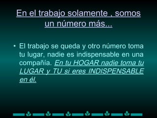 En el trabajo solamente , somos
un número más...
• El trabajo se queda y otro número toma
tu lugar, nadie es indispensable en una
compañía. En tu HOGAR nadie toma tu
LUGAR y TU si eres INDISPENSABLE
en él.
 