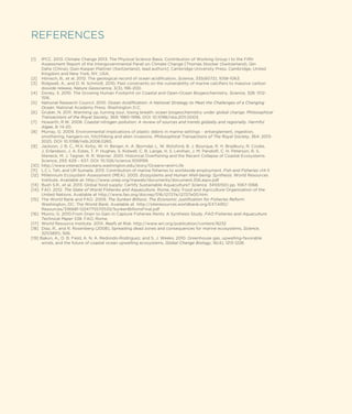 REFERENCES

Science
dioxide release, Nature Geoscience
Science
1516.
Ocean

[8]

Murray, G. 2009. Environmental implications of plastic debris in marine settings – entanglement, ingestion,

[9]

Jackson, J. B. C., M.X. Kirby, W. H. Berger, K. A. Bjorndal, L. W. Botsford, B. J. Bourque, R. H. Bradbury, R. Cooke,

v14 I1
. World Resources

[12] Millennium Ecosystem Assessment (MEA). 2005.
Science
[14] FAO. 2012.
[15] The World Bank and FAO. 2009.

.

538. FAO, Rome.
[17] World Resource Institute. 201X.
[18] Diaz, R., and R. Rosenberg (2008), Spreading dead zones and consequences for marine ecosystems, Science,
321(5891), 926.

40

 