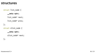 structures
struct list_node {
__meta vptr;
list_node* next;
list_node* prev;
};
struct slist_node {
__meta vptr;
slist_node* next;
};
Незаменимый C++ 84 / 131
 