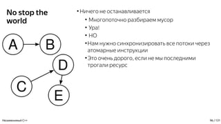 No stop the
world
●
Ничего не останавливается
●
Многопоточно разбираем мусор
●
Ура!
●
НО
●
Нам нужно синхронизировать все потоки через
атомарные инструкции
●
Это очень дорого, если не мы последними
трогали ресурс
Незаменимый C++ 96 / 131
 