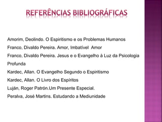 Amorim, Deolindo. O Espiritismo e os Problemas Humanos
Franco, Divaldo Pereira. Amor, Imbatível Amor
Franco, Divaldo Pereira. Jesus e o Evangelho à Luz da Psicologia
Profunda
Kardec, Allan. O Evangelho Segundo o Espiritismo
Kardec, Allan. O Livro dos Espíritos
Luján, Roger Patrón.Um Presente Especial.
Peralva, José Martins. Estudando a Mediunidade
 