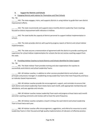 Page 4 of 6 
 
II. Support for Districts and Schools 
A. Engaging Districts with Indistar for Themselves and Their Schools 
Yes   No 
___ ___ IIA1. The state engages, trains, and supports districts in using Indistar to guide their own district 
improvement efforts. 
 
___ ___ IIA2. The state recommends and supports twice‐monthly district Leadership Team meetings 
focused on district improvement with indicators in Indistar. 
 
___ ___ IIA3. The state builds the capacity of district personnel to support Indistar implementation in 
schools. 
 
___ ___ IIA4. The state provides districts with quarterly progress reports of district and school Indistar 
implementation. 
 
___ ___ IIA5. The state secures a memorandum of agreement with the district to provide coaching and 
supervision for school Indistar implementation for schools that do not receive coaching support from 
the state. 
 
B. Providing Indistar Coaches to Assist Districts and Schools Identified for State Support 
Yes   No 
___ ___ IIB1. The State Indistar Team provides training and clear expectations for coaches to 
successfully assist district and school Leadership Teams. 
 
___ ___ IIB2. All Indistar coaches, in addition to other services provided district and schools, assist 
principals and process managers in establishing strong Leadership Teams that meet frequently and focus 
on indicator‐based improvement. 
 
___ ___ IIB3. All Indistar coaches provide the encouragement, support, and reminders to ensure that 
each district and school Leadership Team meets twice each month, with appropriate membership and 
attendance, and uses agendas and minutes. 
 
___ ___ IIB4. All Indistar coaches review Leadership Team work and progress at least twice each month 
and enter coaching comments and reviews with at least the same frequency. 
 
___ ___ IIB5. All Indistar coaches complete a Coach’s Critique for each district and school Leadership 
Team at least twice each year. 
 
___ ___ IIB6. All Indistar coaches offer encouragement, suggestions, and referral to resources to assist 
Leadership Teams in their focused and high‐quality implementation of indicators of effective practice. 
 
 