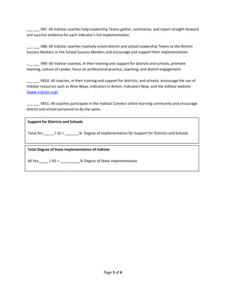 Page 5 of 6 
 
___ ___ IIB7. All Indistar coaches help Leadership Teams gather, summarize, and report straight‐forward 
and succinct evidence for each indicator’s full implementation. 
 
___ ___ IIB8. All Indistar coaches routinely orient district and school Leadership Teams to the District 
Success Markers or the School Success Markers and encourage and support their implementation. 
 
___ ___ IIB9: All Indistar coaches, in their training and support for districts and schools, promote 
teaming, culture of candor, focus on professional practice, coaching, and district engagement. 
 
___ ___ IIB10. All coaches, in their training and support for districts, and schools, encourage the use of 
Indistar resources such as Wise Ways, Indicators in Action, Indicators Now, and the Indistar website 
(www.indistar.org). 
 
___ ___ IIB11: All coaches participate in the Indistar Connect online learning community and encourage 
district and school personnel to do the same. 
 
 
 
 
   
Support for Districts and Schools 
 
Total Yes _____ / 16 = _______%  Degree of Implementation for Support for Districts and Schools 
 
Total Degree of State Implementation of Indistar 
 
All Yes_____ / 45 = __________% Degree of State Implementation  
 
 