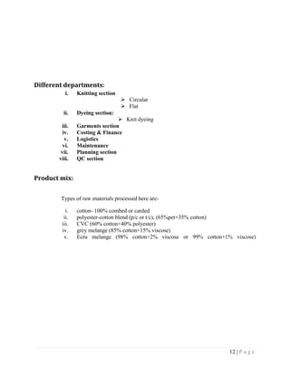 12 | P a g e
Different departments:
i. Knitting section
 Circular
 Flat
ii. Dyeing section:
 Knit dyeing
iii. Garments section
iv. Costing & Finance
v. Logistics
vi. Maintenance
vii. Planning section
viii. QC section
Product mix:
Types of raw materials processed here are-
i. cotton- 100% combed or carded
ii. polyester-cotton blend (p/c or t/c), (65%pet+35% cotton)
iii. CVC (60% cotton+40% polyester)
iv. grey melange (85% cotton+15% viscose)
v. Ecru melange (98% cotton+2% viscose or 99% cotton+1% viscose)
 