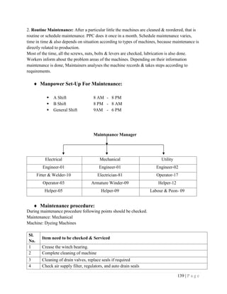 139 | P a g e
2. Routine Maintenance: After a particular little the machines are cleaned & reordered, that is
routine or schedule maintenance. PPC does it once in a month. Schedule maintenance varies,
time in time & also depends on situation according to types of machines, because maintenance is
directly related to production.
Most of the time, all the screws, nuts, bolts & levers are checked, lubrication is also done.
Workers inform about the problem areas of the machines. Depending on their information
maintenance is done, Maintainers analyses the machine records & takes steps according to
requirements.
 Manpower Set-Up For Maintenance:
 A Shift 8 AM - 8 PM
 B Shift 8 PM - 8 AM
 General Shift 9AM - 6 PM
Maintenance Manager
Electrical Mechanical Utility
Engineer-01 Engineer-01 Engineer-02
Fitter & Welder-10 Electrician-81 Operator-17
Operator-03 Armature Winder-09 Helper-12
Helper-05 Helper-09 Labour & Peon- 09
 Maintenance procedure:
During maintenance procedure following points should be checked.
Maintenance: Mechanical
Machine: Dyeing Machines
Sl.
No.
Item need to be checked & Serviced
1 Crease the winch bearing.
2 Complete cleaning of machine
3 Cleaning of drain valves, replace seals if required
4 Check air supply filter, regulators, and auto drain seals
 