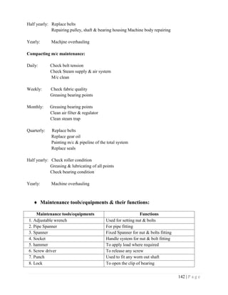 142 | P a g e
Half yearly: Replace belts
Repairing pulley, shaft & bearing housing Machine body repairing
Yearly: Machjne overhauling
Compacting m/c maintenance:
Daily: Check belt tension
Check Steam supply & air system
M/c clean
Weekly: Check fabric quality
Greasing bearing points
Monthly: Greasing bearing points
Clean air filter & regulator
Clean steam trap
Quarterly: Replace belts
Replace gear oil
Painting m/c & pipeline of the total system
Replace seals
Half yearly: Check roller condition
Greasing & lubricating of all points
Check bearing condition
Yearly: Machine overhauling
 Maintenance tools/equipments & their functions:
Maintenance tools/equipments Functions
1. Adjustable wrench Used for setting nut & bolts
2. Pipe Spanner For pipe fitting
3. Spanner Fixed Spanner for nut & bolts fitting
4. Socket Handle system for nut & bolt fitting
5. hammer To apply load where required
6. Screw driver To release any screw
7. Punch Used to fit any worn out shaft
8. Lock To open the clip of bearing
 