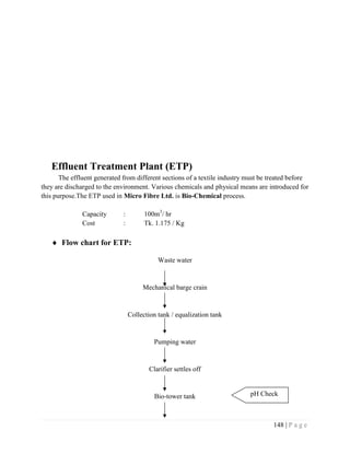 148 | P a g e
Effluent Treatment Plant (ETP)
The effluent generated from different sections of a textile industry must be treated before
they are discharged to the environment. Various chemicals and physical means are introduced for
this purpose.The ETP used in Micro Fibre Ltd. is Bio-Chemical process.
Capacity : 100m3
/ hr
Cost : Tk. 1.175 / Kg
 Flow chart for ETP:
Waste water
Mechanical barge crain
Collection tank / equalization tank
Pumping water
Clarifier settles off
Bio-tower tank pH Check
 