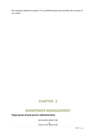 15 | P a g e
their reputation depends on quality. It is a profitable project and contributes the economy of
our country.
CHAPTER -2
MANPOWER MANAGEMENT
Organ gram of man-power administration
MANAGING DIRECTOR
EXECUTIVE DIRECTOR
 