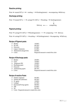 53 | P a g e
Reactive printing:
Print steam(102o
c) washing finishing(stenter) compacting Delivery
Discharge printing:
Print steam(102o
c) curing(155-160o
c) washing finishing(stenter)
Delivery compacting
Pigment printing:
Print curing(155-160o
c) finishing(stenter) compacting Delivery
Print curing(155-160o
c) washing finishing(stenter) compacting Delivery
Recipe of Pigment paste:
 Binder: 10.00%
 Hi soft: 00.50%
 Glycerin: 01.00%
 Liquor Ammonia: 01.00%
 Thickener(Lotacgol hit): 05.00%
 Color: Required amount to match the color
Recipe of Discharge paste:
 Binder: 20.00%
 Urea: 10.00%
 Disgrason DS: 10.00%
 Discharge gum: 03.00%
 Glycerin: 01.00%
 Antifoaming agent: 00.10%
 Color: Required amount to match the color
Recipe of reactive Paste:
 Sodium Alginate: 04.40%
 Sodium Bi-carbonate: 04.50%
 H. agent: 10.00%
 Ludigal: 01.20%
 Kerosene(Fixing agent): 00.90%
 NB: 03.00%
 SF: 00.20%
 Color: Required amount to match the color
 