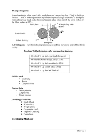 63 | P a g e
4.Compacting zone :
It consists of edge roller, retard roller, steel plates and compacting shoe . Fabric’s shrinkage ,
finished G.S.M and dia permanent by compacting shoe & edge roller at 950
c. Steel plate
remove the crease mark on the fabric surface and retard roller smooth the upper portion of
the fabric surface at 950
c .
Steel plate Compacting shoe
Fa Fabric
Edge roller
Retard roller
Fabric delivery
Steel plate
5. Folding zone : Here fabric folding fan moving to and foe movement and fold the fabric
evenly .
Overfeed % Up Setup for Lafer compacting Machine:
Overfeed % Up for Lycra Single Jersey:60
Overfeed % Up for Single Jersey: 35/40.
Overfeed % Up for Lacost fabric :35/40
Overfeed % Up for Rib fabric :20/22
Overfeed % Up for CVC fabric:45
Utilities used:
 Electricity
 Steam
 Compressed air
Control Point :
- Water pressure
- Air pressure
- Steam pressure
Checking parameters:
 Shade Check
 Width check
 Weight check
 Compaction check
 Edge line Checking
 Fault check
Stentering Machine
 