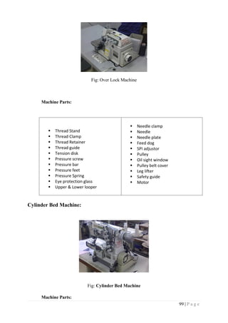 99 | P a g e
Fig: Over Lock Machine
Machine Parts:
 Thread Stand
 Thread Clamp
 Thread Retainer
 Thread guide
 Tension disk
 Pressure screw
 Pressure bar
 Pressure feet
 Pressure Spring
 Eye protection glass
 Upper & Lower looper
 Needle clamp
 Needle
 Needle plate
 Feed dog
 SPI adjustor
 Pulley
 Oil sight window
 Pulley belt cover
 Leg lifter
 Safety guide
 Motor
Cylinder Bed Machine:
Fig: Cylinder Bed Machine
Machine Parts:
 
