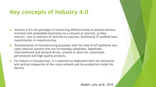 Key concepts of Industry 4.0
 Industry 4.0 is the paradigm of connecting different kinds of physical devices
enriched with embedded electronics to a network or internet, so they
interact, man to machine of machine to machine, facilitating IT-enabled mass
customization in manufacturing.
 Transformation of manufacturing processes with the help of IoT platforms into
cyber-physical systems that are increasingly adaptable, digitalised,
interconnected and demand-driven, process to allow for customized,
personalized and high-quality products.
 For Industry 4.0 production, it is essential to implement both the horizontal
and vertical integration of the value network and the production inside the
factory.
Adolph, Lars, et al., 2016
 