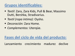 Grupos identificables:
 Textil: Zara, Zara Kids, Pull & Bear, Massimo
  Dutti, Bershka, Stradivarius.
 Textil (ropa íntima): Oysho.
 Decoración: Zara Home.
 Complementos: Uterqüe.

Fases del ciclo de vida del producto:
Lanzamiento crecimiento madurez declive
 