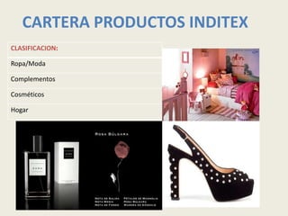 CARTERA PRODUCTOS INDITEX
CLASIFICACION:

Ropa/Moda

Complementos

Cosméticos

Hogar
 