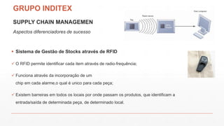 SUPPLY CHAIN MANAGEMEN
Aspectos diferenciadores de sucesso
 Sistema de Gestão de Stocks através de RFID
 O RFID permite identificar cada item através de radio-frequência;
 Funciona através da incorporação de um
chip em cada alarme,o qual é unico para cada peça;
 Existem barreiras em todos os locais por onde passam os produtos, que identificam a
entrada/saída de determinada peça, de determinado local.
GRUPO INDITEX
 
