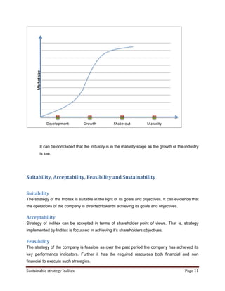 Market size




                    Development       Growth           Shake-out           Maturity




             It can be concluded that the industry is in the maturity stage as the growth of the industry
             is low.




Suitability, Acceptability, Feasibility and Sustainability


Suitability
The strategy of the Inditex is suitable in the light of its goals and objectives. It can evidence that
the operations of the company is directed towards achieving its goals and objectives.

Acceptability
Strategy of Inditex can be accepted in terms of shareholder point of views. That is, strategy
implemented by Inditex is focussed in achieving it’s shareholders objectives.

Feasibility
The strategy of the company is feasible as over the past period the company has achieved its
key performance indicators. Further it has the required resources both financial and non
financial to execute such strategies.

Sustainable strategy Inditex                                                                     Page 11
 