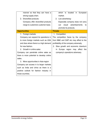 manner so that they can have a             which     is     located   in   European
                strong supply chain.                       market.
           2. Diversified products-                     2. Low advertising-
                Company offer diversified products         Especially company does not carry
                range to customers customer base.          out     visual      advertisements    to
                                                           promote its products.
       Opportunities                                 Threats
           1. Foreign markets                        1. Competition
           Company can expand its operations in The competition faces by the company
           to more foreign markets such as USA from M&E and GAP etc may affect to the
           and Asia where there is a high demand profitability of the company adversely.
           for new fashion.                          2. Slow growth and economic downturn
           2. Growth in online sales                    in Europe region may affect the
       Company can penetrate online sales as            company’s operations adversary.
       there is more potential to develop online
       sales.
           3. More opportunities in Asia region
       Company can access in to larger markets
       such as India and china as there is a
       positive outlook for fashion industry in
       those countries.




Sustainable strategy Inditex                                                                Page 14
 
