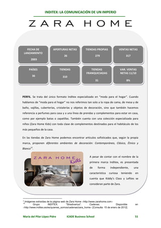 INDITEX: LA COMUNICACIÓN DE UN IMPERIO

                                                                                                *
                                              Zara Home




   FECHA DE               APERTURAS NETAS             TIENDAS PROPIAS               VENTAS NETAS
 LANZAMIENTO
                                   26                         279                       317
       2003


     PAÍSES                    TIENDAS                   TIENDAS                    VAR. VENTAS
                                                      FRANQUICIADAS                 NETAS 11/10
        36                        310
                                                              31                         8%




PERFIL. Se trata del único formato Inditex especializado en “moda para el hogar”. Cuando
hablamos de “moda para el hogar” no nos referimos tan solo a la ropa de cama, de mesa y de
baño, vajillas, cuberterías, cristalerías y objetos de decoración, sino que también hacemos
referencia a perfumes para casa y a una línea de prendas y complementos para estar en casa,
como por ejemplo batas o zapatillas. También cuenta con una colección especializada para
niños (Zara Home Kids) con toda clase de complementos destinados para el habitáculo de los
más pequeños de la casa.

En las tiendas de Zara Home podemos encontrar artículos sofisticados que, según la propia
marca, proponen diferentes ambientes de decoración: Contemporáneo, Clásico, Étnico y
Blanco15. 15
       15

                                                         A pesar de contar con el nombre de la
                                                         primera marca Inditex, es presentada
                                                         de     forma      independiente,       una
                                                         característica   curiosa    teniendo   en
                                                         cuenta que Kiddy’s Class y Lefties se
                                                         consideran parte de Zara.




* Imágenes extraídas de la página web de Zara Home http://www.zarahome.com
15
         Grupo         INDITEX.       "Stradivarius".      Cadenas.             Disponible       en
http://www.inditex.es/es/quienes_somos/cadenas/zara_home [Consulta: 15 de enero de 2012]


María del Pilar López Pidre          ICADE Business School                                      51
 