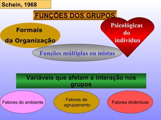 FUNÇÕES DOS GRUPOS Formais  da Organização Variáveis que afetam a interação nos grupos Psicológicas  do  indivíduo Funções múltiplas ou mistas Fatores do ambiente Fatores de agrupamento Fatores dinâmicos Schein, 1968 