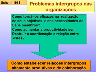 Schein, 1968 Problemas intergrupos nas organizações Como torná-los eficazes na  realizacão de seus objetivos  e das necessidades de Seus membros? Como aumentar a produtividade sem  Destruir a coordenação e relação entre estes? Como estabelecer relações intergrupos altamente produtivas e de colaboração 