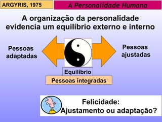 A organização da personalidade evidencia um equilíbrio externo e interno ARGYRIS, 1975 A Personalidade Humana Equilíbrio Pessoas  ajustadas Felicidade: Ajustamento ou adaptação? Pessoas  adaptadas Pessoas integradas 