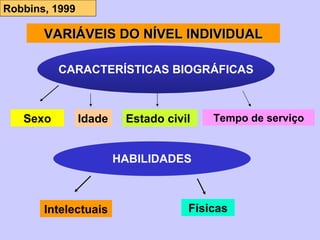 VARIÁVEI S  DO NÍVEL INDIVIDUAL Idade Sexo Estado civil Tempo de serviço CARACTERÍSTICAS BIOGRÁFICAS HABILIDADES Intelectuais Físicas Robbins, 1999 