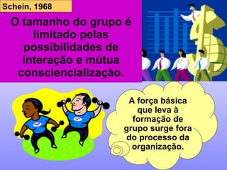 O tamanho do grupo é limitado pelas possibilidades de interação e mútua consciencialização. A força básica que leva à formação de grupo surge fora do processo da organização. Schein, 1968 