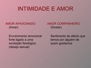 INTIMIDADE E AMOR
AMOR APAIXONADO
(Amar)
Envolvimento emocional
forte ligado a uma
excitação fisiológica
(desejo sexual)
AMOR COMPANHEIRO
(Gostar)
Sentimento de afecto que
temos por alguém de
quem gostamos
 