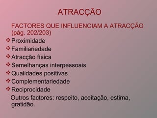 ATRACÇÃO
FACTORES QUE INFLUENCIAM A ATRACÇÃO
(pág. 202/203)
Proximidade
Familiariedade
Atracção física
Semelhanças interpessoais
Qualidades positivas
Complementariedade
Reciprocidade
Outros factores: respeito, aceitação, estima,
gratidão.
 