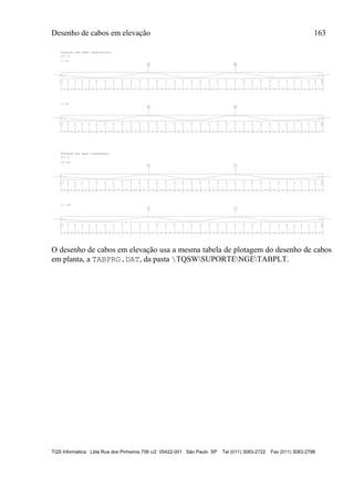 Desenho de cabos em elevação 163
TQS Informática Ltda Rua dos Pinheiros 706 c/2 05422-001 São Paulo SP Tel (011) 3083-2722 Fax (011) 3083-2798
Elevacao dos cabos longitudinais
ESC H= 1:50
ESC V= 1:20
C7 (4X)
A B
82 82 82 82 82 100 100 100 100 100 100 100 100 100 100 100 100 100 100 100 100 100 100 100 100 100 100 82 82 82 82 82
13.5
10.4
7.9
5.9
4.5
3.6
3.2
5.0
10.0
17.3
22.2
23.8
22.2
17.2
9.8
4.8
3.2
4.8
9.8
17.2
22.2
23.8
22.2
17.3
10.0
5.0
3.2
3.6
4.5
5.9
7.9
10.4
13.5
C6 (9X)
A B
82 82 82 82 82 100 100 100 100 100 100 100 100 100 100 100 100 100 100 100 100 100 100 100 100 100 100 82 82 82 82 82
13.5
10.4
7.9
5.9
4.5
3.6
3.2
5.0
10.0
17.3
22.2
23.8
22.2
17.2
9.8
4.8
3.2
4.8
9.8
17.2
22.2
23.8
22.2
17.3
10.0
5.0
3.2
3.6
4.5
5.9
7.9
10.4
13.5
Elevacao dos cabos transversais
ESC H= 1:50
ESC V= 1:20
C14 (5X)
12
82 82 82 82 82 100 100 100 100 100 100 100 100 100 100 100 100 100 100 100 100 100 100 100 100 100 100 82 82 82 82 82
13.5
10.8
8.7
6.9
5.7
4.9
4.6
6.1
10.5
16.8
21.0
22.4
21.0
16.7
10.3
6.0
4.6
6.0
10.3
16.7
21.0
22.4
21.0
16.8
10.5
6.1
4.6
4.9
5.7
6.9
8.7
10.8
13.5
C13 (10X)
12
82 82 82 82 82 100 100 100 100 100 100 100 100 100 100 100 100 100 100 100 100 100 100 100 100 100 100 82 82 82 82 82
13.5
10.8
8.7
6.9
5.7
4.9
4.6
6.1
10.5
16.8
21.0
22.4
21.0
16.7
10.3
6.0
4.6
6.0
10.3
16.7
21.0
22.4
21.0
16.8
10.5
6.1
4.6
4.9
5.7
6.9
8.7
10.8
13.5
O desenho de cabos em elevação usa a mesma tabela de plotagem do desenho de cabos
em planta, a TABPRO.DAT, da pasta TQSWSUPORTENGETABPLT.
 