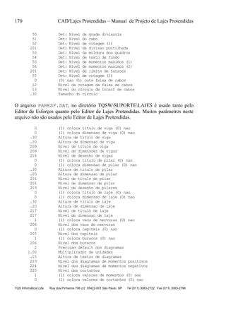 170 CAD/Lajes Protendidas – Manual de Projeto de Lajes Protendidas
TQS Informática Ltda Rua dos Pinheiros 706 c/2 05422-001 São Paulo SP Tel (011) 3083-2722 Fax (011) 3083-2798
50 Det: Nivel da grade divisoria
51 Det: Nivel do cabo
52 Det: Nivel de cotagem (1)
201 Det: Nivel da divisao pontilhada
53 Det: Nivel da moldura dos quadros
54 Det: Nivel de texto de fundo
55 Det: Nivel de momentos maximos (1)
56 Det: Nivel de momentos maximos (2)
201 Det: Nivel de limite de tensoes
57 Det: Nivel de cotagem (2)
0 (0) nao (1) cota faixa de cabos
12 Nivel da cotagem da faixa de cabos
13 Nivel do circulo de interf de cabos
.30 Tamanho do circulo
O arquivo PARESF.DAT, no diretório TQSWSUPORTELAJES é usado tanto pelo
Editor de Esforços quanto pelo Editor de Lajes Protendidas. Muitos parâmetros neste
arquivo não são usados pelo Editor de Lajes Protendidas.
0 (1) coloca titulo de viga (0) nao
0 (1) coloca dimensao de viga (0) nao
.30 Altura de titulo de viga
.20 Altura de dimensao de viga
209 Nivel de titulo de viga
209 Nivel de dimensoes de vigas
218 Nivel de desenho de vigas
0 (1) coloca titulo de pilar (0) nao
0 (1) coloca dimensao de pilar (0) nao
.30 Altura de titulo de pilar
.20 Altura de dimensao de pilar
216 Nivel de titulo de pilar
216 Nivel de dimensao de pilar
219 Nivel de desenho de pilares
0 (1) coloca titulo de laje (0) nao
0 (1) coloca dimensao de laje (0) nao
.30 Altura de titulo de laje
.20 Altura de dimensao de laje
217 Nivel de titulo de laje
217 Nivel de dimensao de laje
1 (1) coloca vaos de nervuras (0) nao
208 Nivel dos vaos de nervuras
0 (1) coloca capiteis (0) nao
207 Nivel dos capiteis
1 (1) coloca buracos (0) nao
206 Nivel dos buracos
2 Precisao default dos diagramas
1.00 Multiplicador de unidades
.15 Altura de textos de diagramas
223 Nivel dos diagramas de momentos positivos
224 Nivel dos diagramas de momentos negativos
225 Nivel das cortantes
1 (1) coloca valores de momentos (0) nao
0 (1) coloca valores de cortantes (0) nao
 