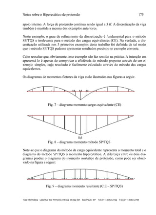 Notas sobre o Hiperestático de protensão 175
TQS Informática Ltda Rua dos Pinheiros 706 c/2 05422-001 São Paulo SP Tel (011) 3083-2722 Fax (011) 3083-2798
apoio interno. A força de protensão continua sendo igual a 3 tf. A discretização da viga
também é mantida a mesma dos exemplos anteriores.
Neste exemplo, o grau de refinamento da discretização é fundamental para o método
SP/TQS e irrelevante para o método das cargas equivalentes (CE). Na verdade, a dis-
cretização utilizada nos 3 primeiros exemplos deste trabalho foi definida de tal modo
que o método SP/TQS pudesse apresentar resultados precisos no exemplo corrente.
Cabe ressaltar que, obviamente, este exemplo não faz sentido na prática. A intenção em
apresentá-lo é apenas de comprovar a eficiência do método proposto através de um e-
xemplo simples, cujo resultado é facilmente calculado através do método das cargas
equivalentes.
Os diagramas de momentos fletores da viga estão ilustrados nas figuras a seguir.
Fig. 7 – diagrama momento cargas equivalente (CE)
Fig. 8 – diagrama momento método SP/TQS
Note-se que o diagrama do método da carga equivalente representa o momento total e o
diagrama do método SP/TQS o momento hiperestático. A diferença entre os dois dia-
gramas produz o diagrama do momento isostático de protensão, como pode ser obser-
vado na figura a seguir:
Fig. 9 – diagrama momento resultante (C.E – SP/TQS)
 