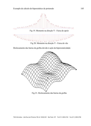 Exemplo de cálculo do hiperestático de protensão 185
TQS Informática Ltda Rua dos Pinheiros 706 c/2 05422-001 São Paulo SP Tel (011) 3083-2722 Fax (011) 3083-2798
-.3-1.5-3.7
-7.4
-12.9
-21.6
-40.6
-82.5
-82.5
-40.6
-21.6
-12.9
-7.4
-3.7-1.5
-.3
Fig 19. Momento na direção Y - Faixa do apoio
8.3
16.7
22.2
26.0
28.8
30.731.832.132.131.830.7
28.8
26.0
22.2
16.7
8.3
Fig 20. Momento na direção Y - Faixa do vão
Deslocamento das barras da grelha devido à ação da hiperestaticidade:
Fig 21. Deslocamento das barras da grelha
 