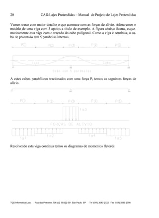 20 CAD/Lajes Protendidas – Manual de Projeto de Lajes Protendidas
TQS Informática Ltda Rua dos Pinheiros 706 c/2 05422-001 São Paulo SP Tel (011) 3083-2722 Fax (011) 3083-2798
Vamos tratar com maior detalhe o que acontece com as forças de alívio. Adotaremos o
modelo de uma viga com 3 apoios a título de exemplo. A figura abaixo ilustra, esque-
maticamente esta viga com o traçado do cabo poligonal. Como a viga é contínua, o ca-
bo de protensão tem 5 parábolas internas.
A estes cabos parabólicos tracionados com uma força P, temos as seguintes forças de
alívio.
Resolvendo esta viga contínua temos os diagramas de momentos fletores:
 