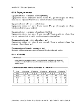 Arquivo de critérios de protensão 69
TQS Informática Ltda Rua dos Pinheiros 706 c/2 05422-001 São Paulo SP Tel (011) 3083-2722 Fax (011) 3083-2798
4.5.4 Espaçamentos
Espaçamento max entre cabos centrais (NxHlaj)
Espaçamento máximo entre cabos de uma mesma RPU que não se apóia em pilares.
Note que este espaçamento é fornecido em número de espessuras de lajes.
Espaçamento min entre cabos centrais (cm)
Espaçamento mínimo entre cabos de uma mesma RPU que não se apóia em pilares.
Esta dimensão é fornecida em [cm]
Espaçamento max entre cabos sobre pilares (NxHlaj)
Espaçamento máximo entre cabos de uma mesma RPU que se apóia em pilares. Note
que este espaçamento é fornecido em número de espessuras de lajes.
Espaçamento min entre cabos sobre pilares (cm)
Espaçamento mínimo entre cabos de uma mesma RPU que se apóia em pilares. Esta
dimensão é fornecida em [cm]
Espaçamento mínimo entre ancoragens (cm)
Distância mínima entre ancoragens. (Este critério não está sendo usado)
4.5.5 Bainhas
 