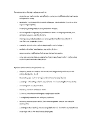 A professional mechanical engineer’srole isto:
 designingandimplementingcost-effective equipmentmodificationstohelp improve
safetyandreliability;
 developingaprojectspecificationwithcolleagues,oftenincludingthose fromother
engineeringdisciplines;
 developing,testingandevaluatingtheoretical designs;
 discussingandsolvingcomplex problemswithmanufacturing departments,sub-
contractors,suppliersandcustomers;
 makingsure a product can be made reliablyandwill performconsistentlyin
specifiedoperatingenvironments;
 managingprojectsusingengineeringprinciplesandtechniques;
 producingdetailsof specificationsandoutlinedesigns;
 recommendingmodificationsfollowingprototype testresults;
 usingresearch,analytical,conceptual andplanningskills,particularlymathematical
modellingandcomputer-aideddesign;
A professional quantitysurveyor’srole isto:
 Preparingtenderandcontractdocuments,includingbillsof quantitieswiththe
architectand/orthe client
 Undertakingcostanalysisforrepairandmaintenance projectwork
 Assistinginestablishingaclient'srequirementsandundertakingfeasibilitystudies
 Allocatingworktosubcontractors
 Providingadvice oncontractual claims
 Analysingoutcomesandwritingdetailedprogressreports
 Valuingcompletedworkandarrangingpayments
 Providingpost-occupancyadvice,facilitiesmanagementservicesandlife cycle
costingadvice
 Assistingclientsinlocatingandaccessingadditional andalternativesourcesof funds
 Enablingclientstoinitiateconstructionprojects
 