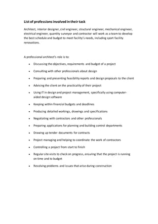List of professions involvedintheir task
Architect, interior designer, civil engineer, structural engineer, mechanical engineer,
electrical engineer, quantity surveyor and contractor will work as a team to develop
the best schedule and budget to meet facility’s needs, including sport facility
renovations.
A professional architect’s role is to:
 Discussing the objectives, requirements and budget of a project
 Consulting with other professionals about design
 Preparing and presenting feasibility reports and design proposals to the client
 Advising the client on the practicality of their project
 Using IT in design and project management, specifically using computer-
aided design software
 Keeping within financial budgets and deadlines
 Producing detailed workings, drawings and specifications
 Negotiating with contractors and other professionals
 Preparing applications for planning and building control departments
 Drawing up tender documents for contracts
 Project managing and helping to coordinate the work of contractors
 Controlling a project from start to finish
 Regular site visits to check on progress, ensuring that the project is running
on time and to budget
 Resolving problems and issues that arise during construction
 
