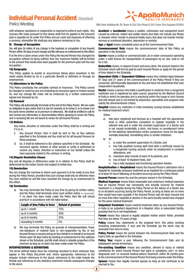 Apollo Munich Individual Personal Accident Insurance Policywordings