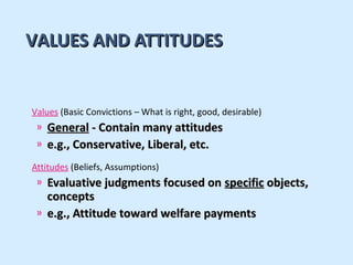 VALUES AND ATTITUDES


Values (Basic Convictions – What is right, good, desirable)
 » General - Contain many attitudes
 » e.g., Conservative, Liberal, etc.

Attitudes (Beliefs, Assumptions)
 » Evaluative judgments focused on specific objects,
   concepts
 » e.g., Attitude toward welfare payments
 