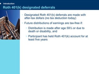 Roth 401(k) designated deferrals Designated Roth 401(k) deferrals are made with after-tax dollars (no tax deduction today) Future distributions of earnings are tax-free if: Distribution is made after age 59½ or due to death or disability, and Participant has held Roth 401(k) account for at least five years Introduction 