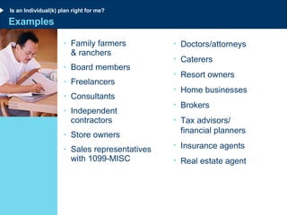 Examples Family farmers  & ranchers Board members Freelancers Consultants Independent contractors Store owners Sales representatives with 1099-MISC Doctors/attorneys Caterers Resort owners Home businesses Brokers Tax advisors/ financial planners Insurance agents Real estate agent Is an Individual(k) plan right for me? 