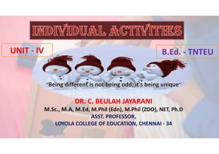 DR. C. BEULAH JAYARANI
M.Sc., M.A, M.Ed, M.Phil (Edn), M.Phil (ZOO), NET, Ph.D
ASST. PROFESSOR,
LOYOLA COLLEGE OF EDUCATION, CHENNAI - 34
B.Ed. - TNTEU
UNIT - IV
 