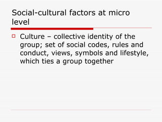 Social-cultural factors at micro level Culture – collective identity of the group; set of social codes, rules and conduct, views, symbols and lifestyle, which ties a group together 