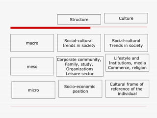 macro meso micro Social-cultural  trends in society Social-cultural Trends in society Structure Culture Corporate community,  Family, study,  Organizations Leisure sector Lifestyle and  Institutions, media Commerce, religion Socio-economic  position Cultural frame of  reference of the  individual 